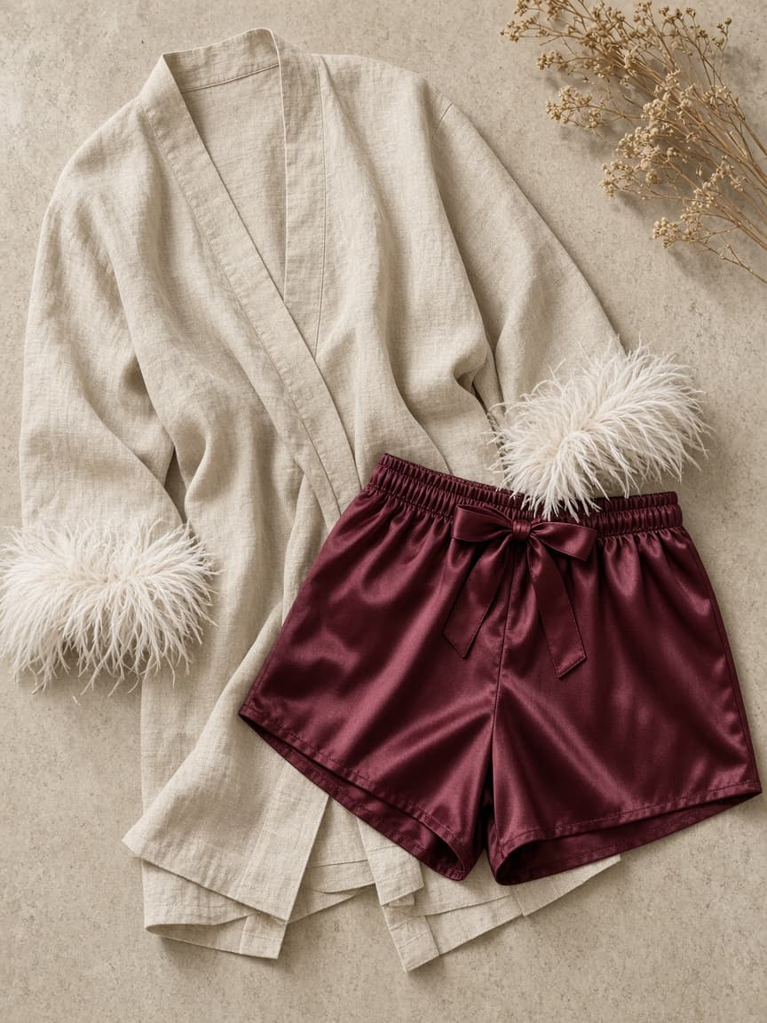 Feather Trim Robe Set – Satin — Maroon