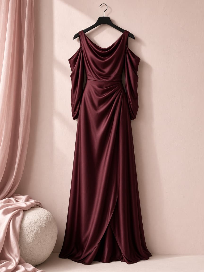Cold Shoulder Gown – Silk — Maroon