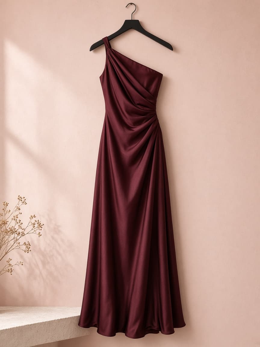 Asymmetric Strap Gown – Silk — Maroon