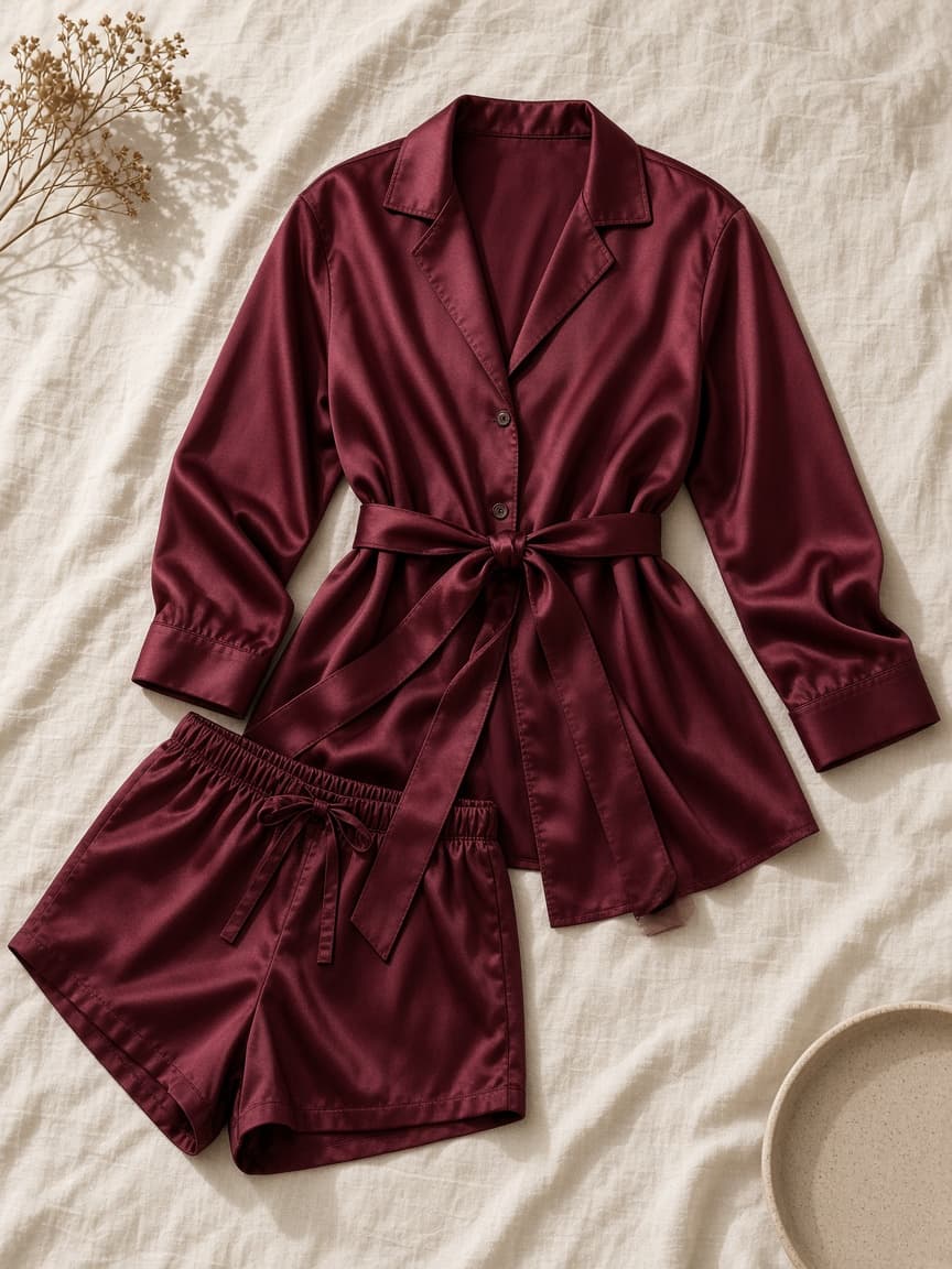 Belted Shirt Set – Satin — Maroon