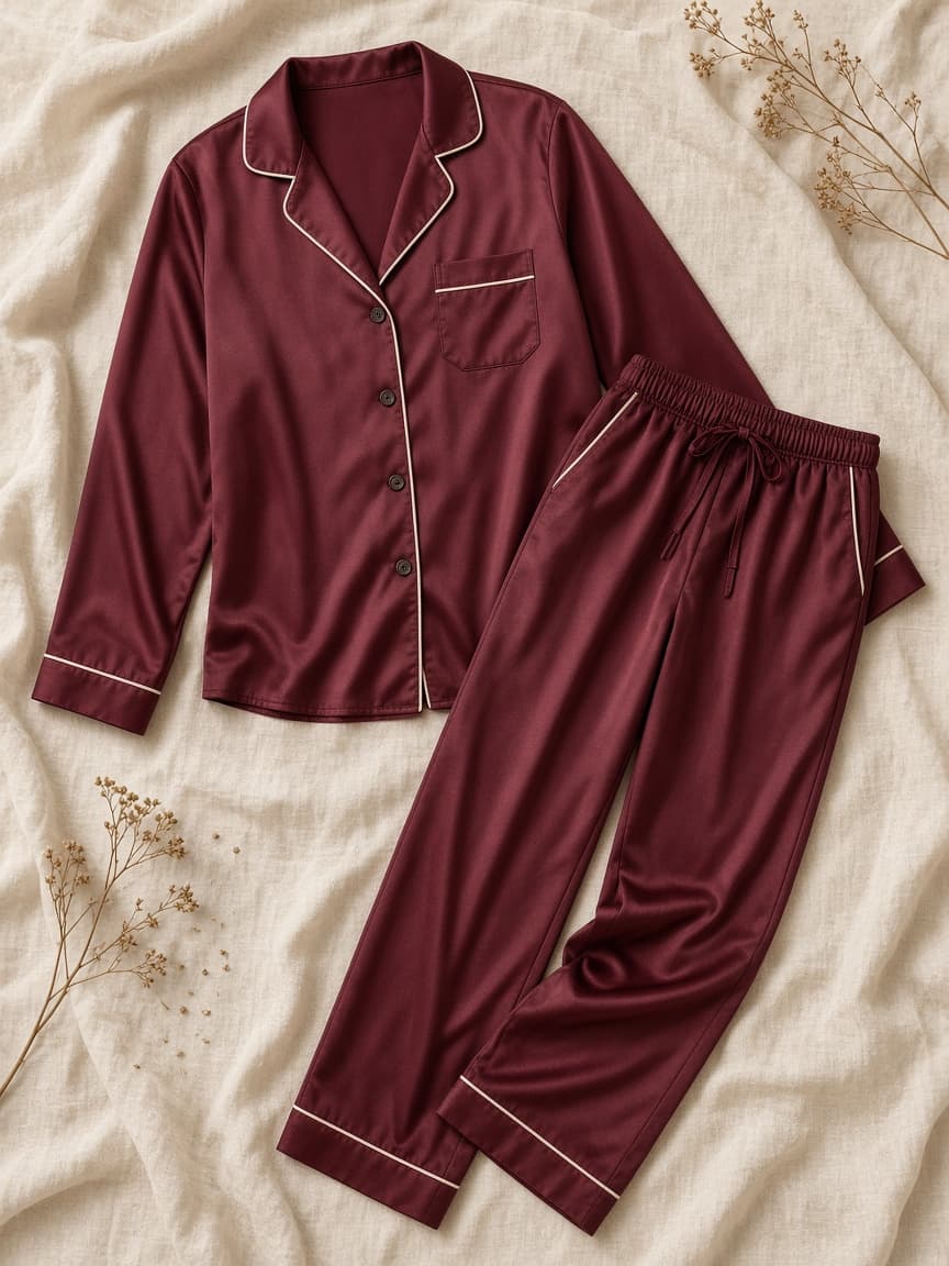 Piping Long Set – Satin — Maroon