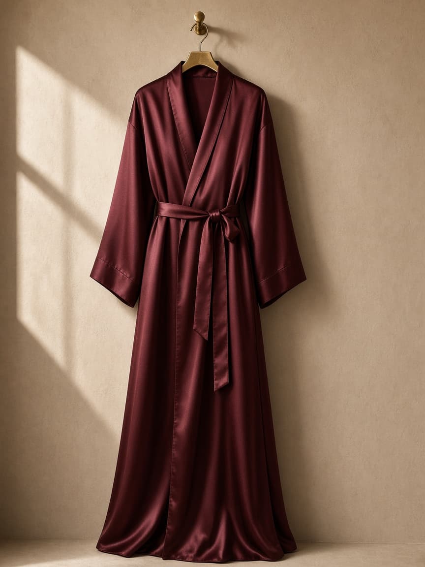 Long Satin House Robe – Satin — Maroon