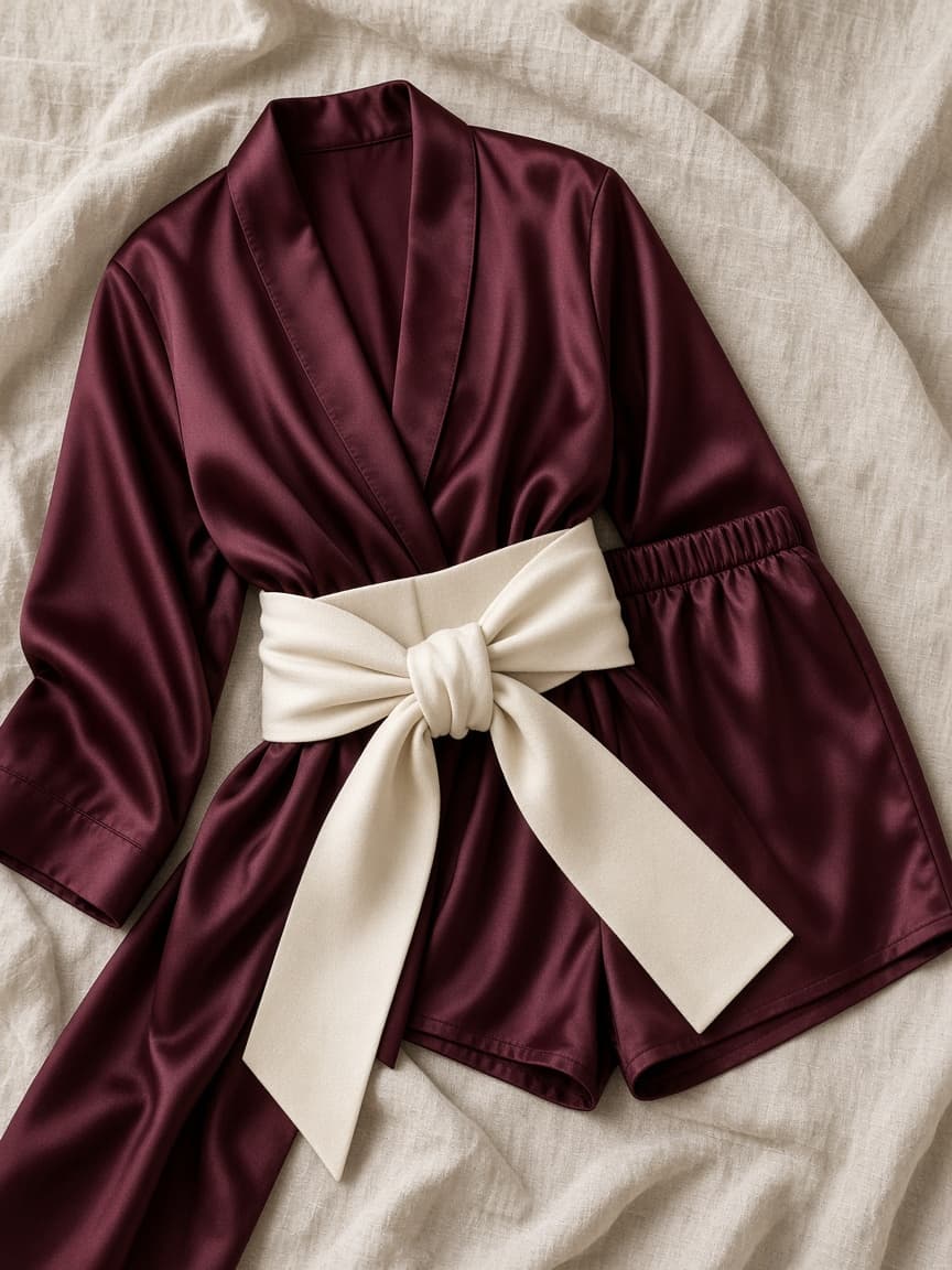 Wide Belt Robe Set – Satin — Maroon