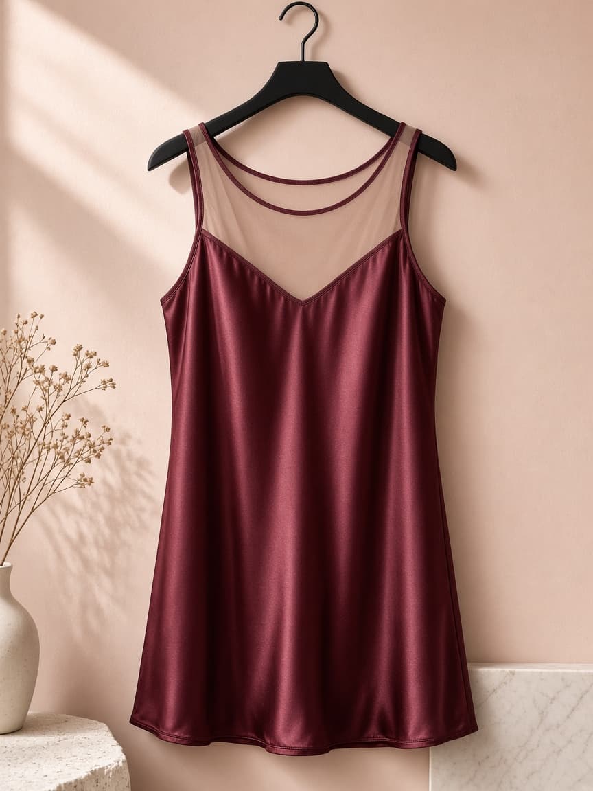 Illusion Neck Nighty – Silk — Maroon